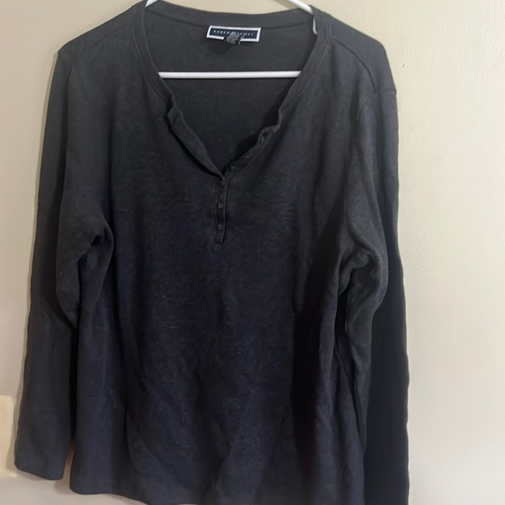 Karen Scott 100% Cotton Long Sleeve Top XL Henley Gray Womens